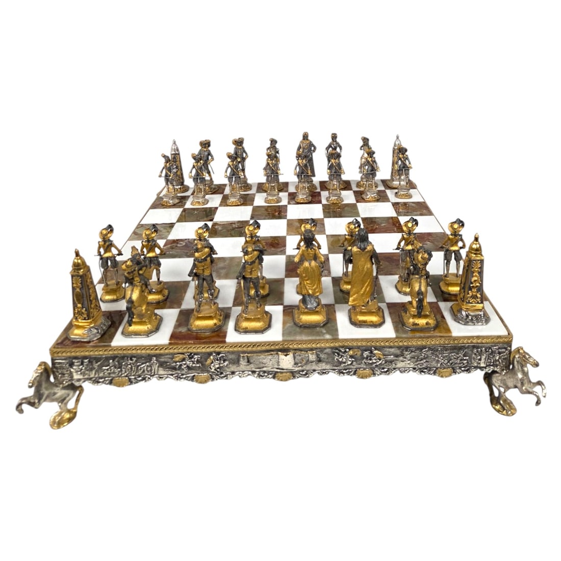 PIERO BENZONI GOLD SIVER & COPPER PLATED CHESS SET: Luxury Louis XIV Theme Cast Bronze Chess Set and Board, handcrafted in Italy by sculptor Piero Benzoni. The 32 individual playing pieces are created using the traditional lost-wax casting technique an