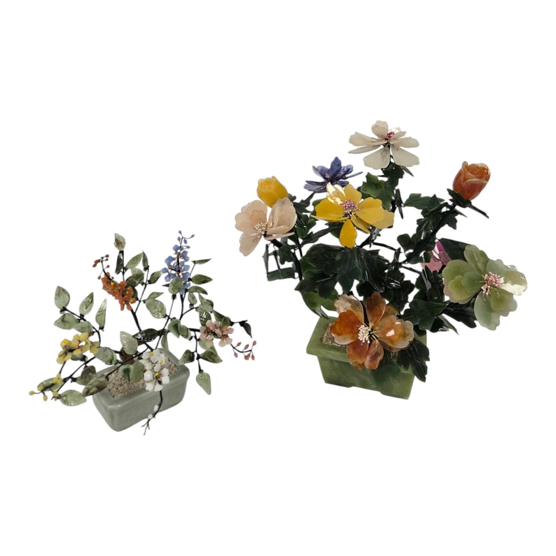 TWO CHINESE "FLOWERING TREES" (#3): Pair of vintage Chinese Flowering Trees . Traditionally hand carved from various colorful hard stones such as white jade, agate, rose quartz, or carnelian. This lot consisting of one tree arrangement