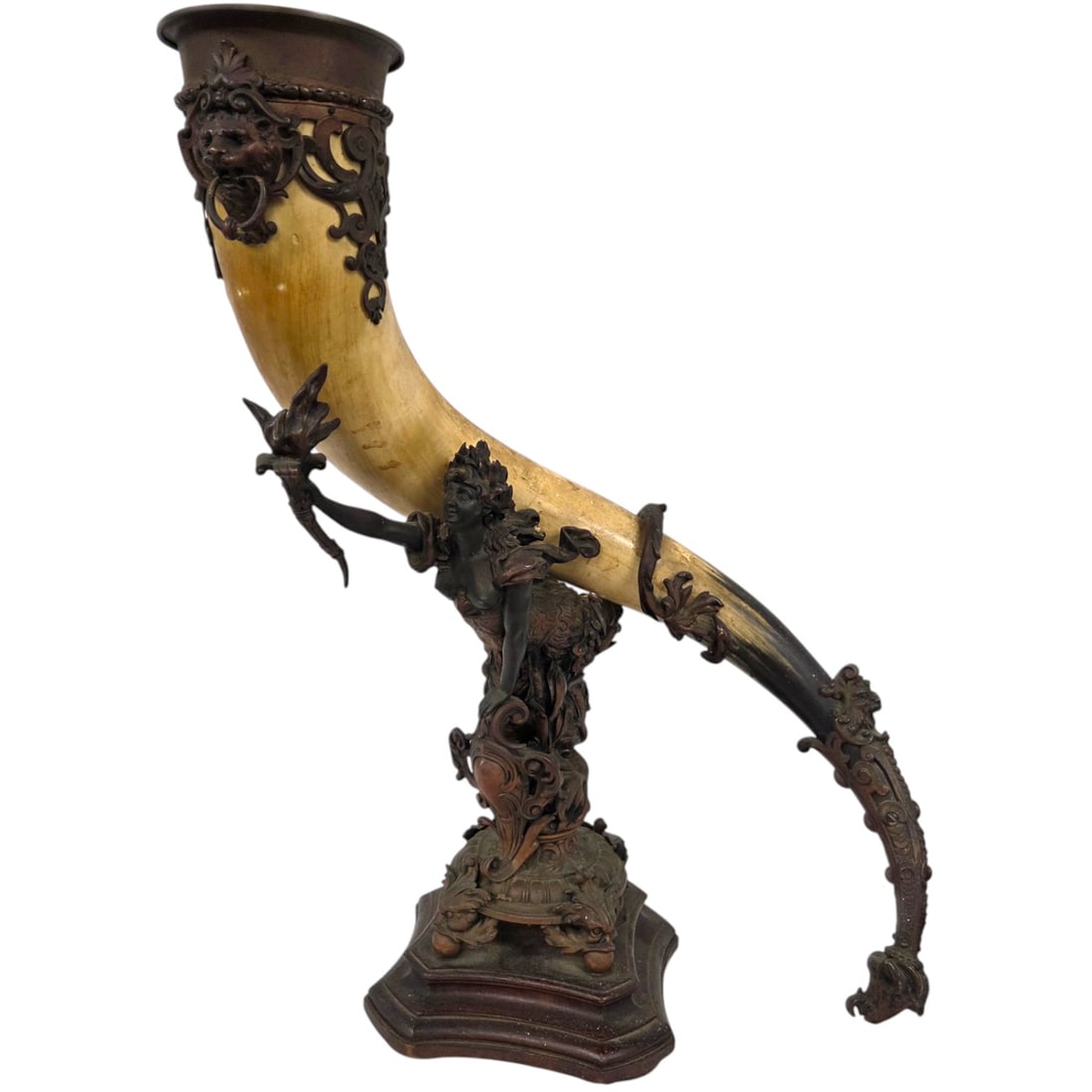 GERMAN BRONZE MOUNTED FIGURAL DRINKING HORN (1 of 13)