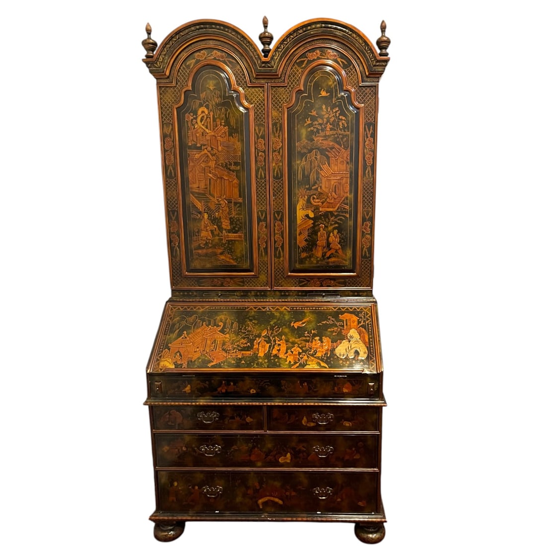 2 PC MAITLAND SMITH SECRETARY DESK/CABINET: A Maitland Smith two-piece Queen Anne-style bonnet top secretary desk with a chinoiserie design. Hand painted details including lanscapes and genre scenes with raised colored elevations on dark lacque