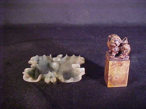 ORIENTAL SOAP STONE FOO DOG SEAL & BOWL