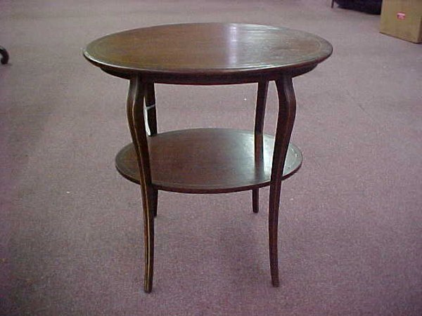 TWO TIER WOOD SIDE TABLE BANDED INLAY