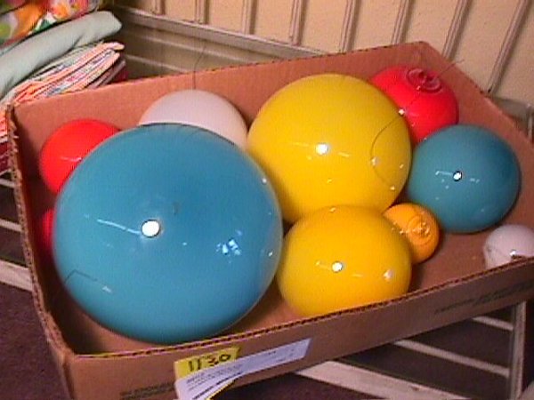 10 HAND BLOWN GLASS KUGELS BALLS LG: Made by Kastrup Holmegaard. Balls vary between 6 1/2" high x 18" in diameter to 2 1/4" high x 6" in diameter. Good condition. No cracks or chips.