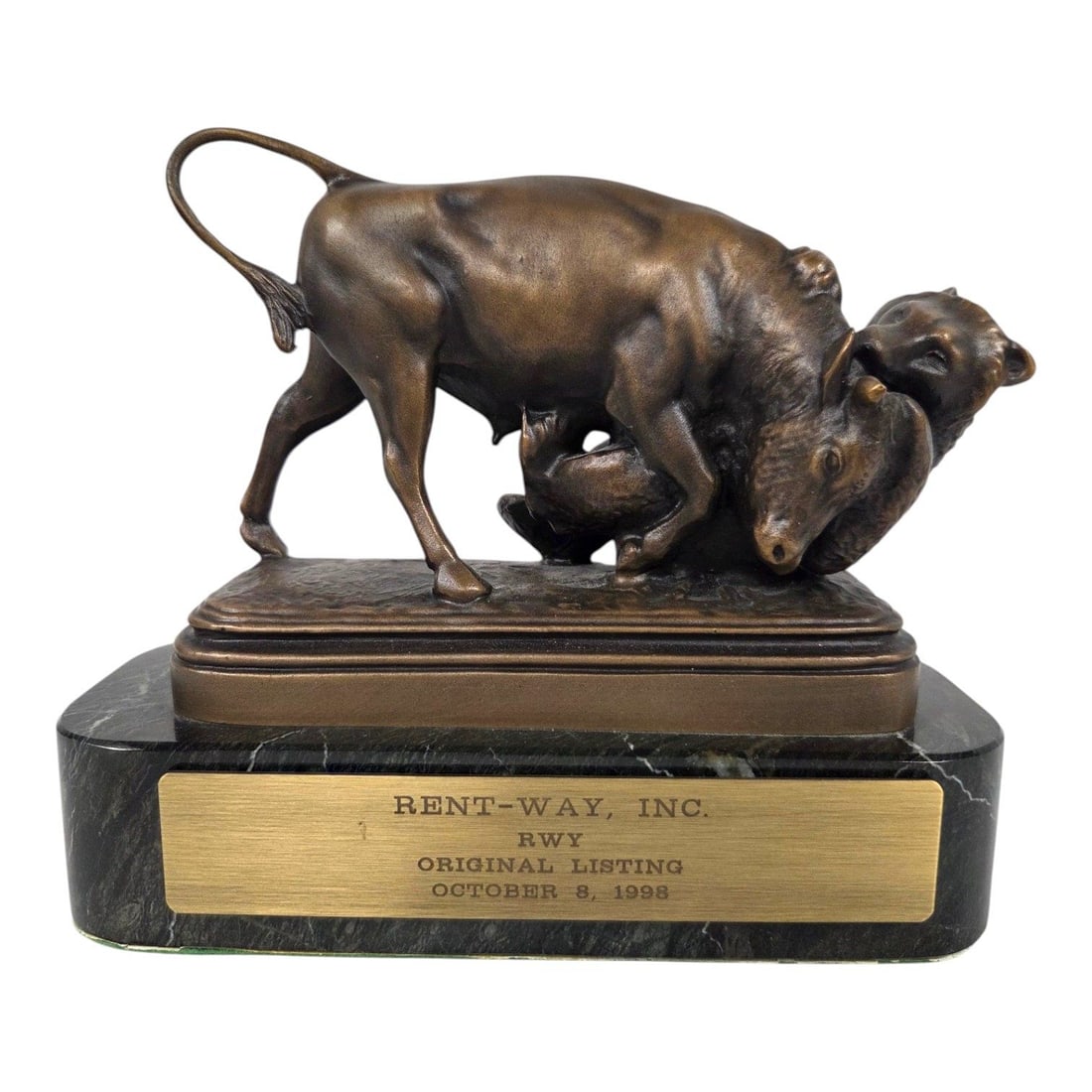 BULL & BEAR BRONZE SCULPTURE AFTER BONHEUR: A bronze sculpture after Isidore Bonheur depicting a fighting bull and bear on a polished green marble base. Relief text on the back of the bronze base, From the original by Isidore Bonheur at the