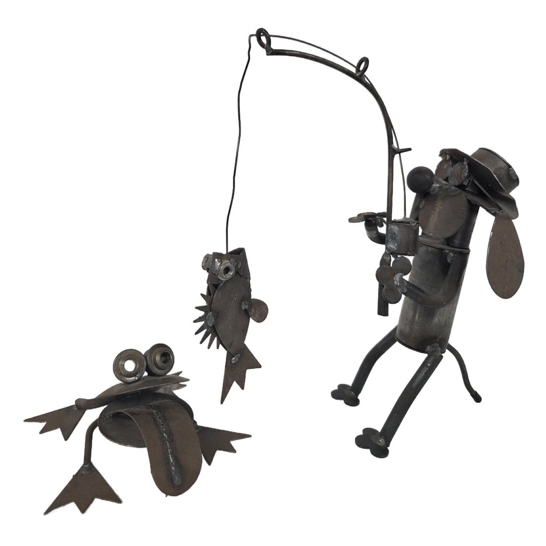 2 PC SCRAP METAL SCULPTURES OF DOG & FROG: This lot consists of two whimsical pieces of scrap metal sculptures. Created by using repurposed hardware, nuts, bolts, sheet metal, and wire. The Dog Fishing features a dog character in a top hat, we