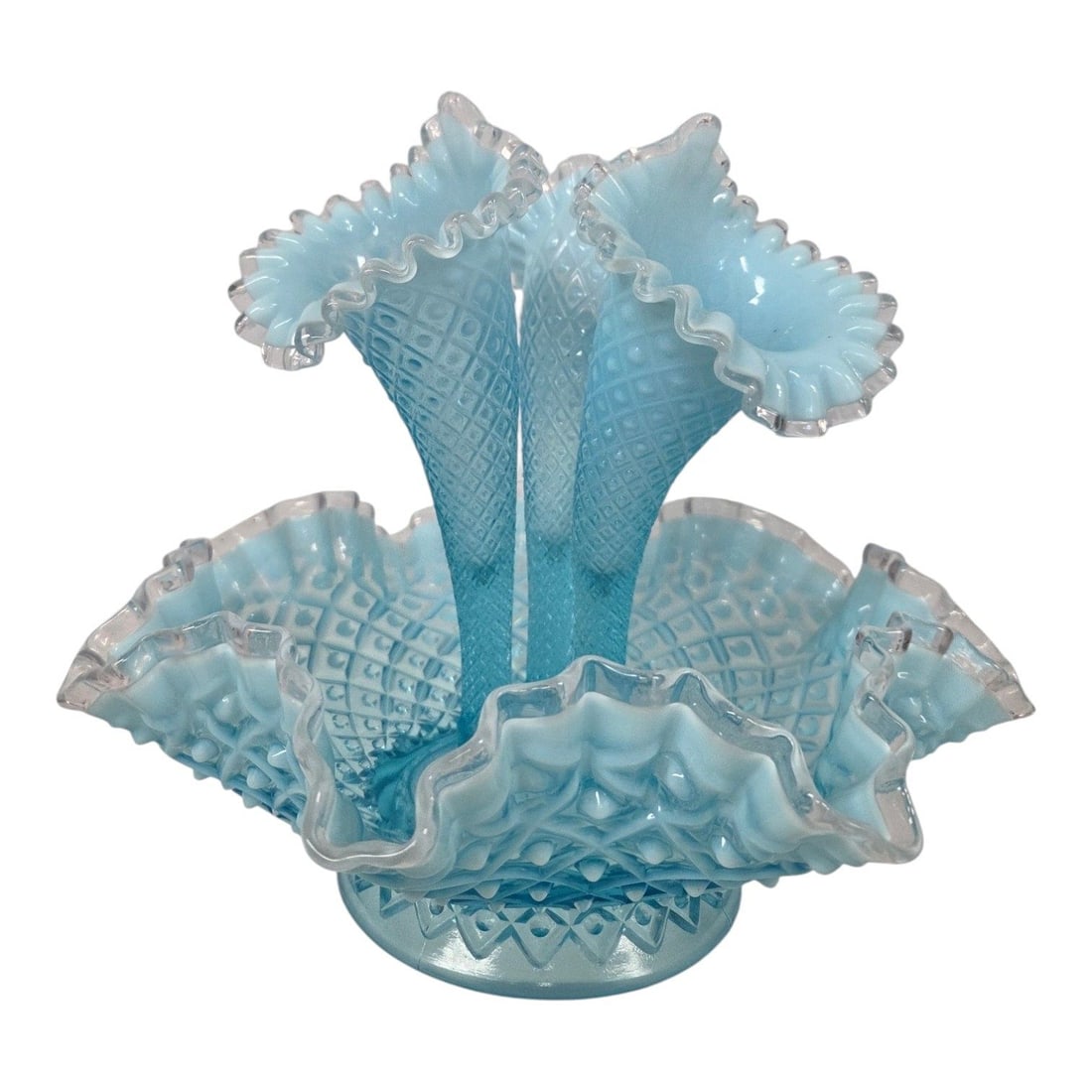 VINTAGE FENTON BLUE OPALESCENT DIAMOND LACE EPERGNE (1 of 10)