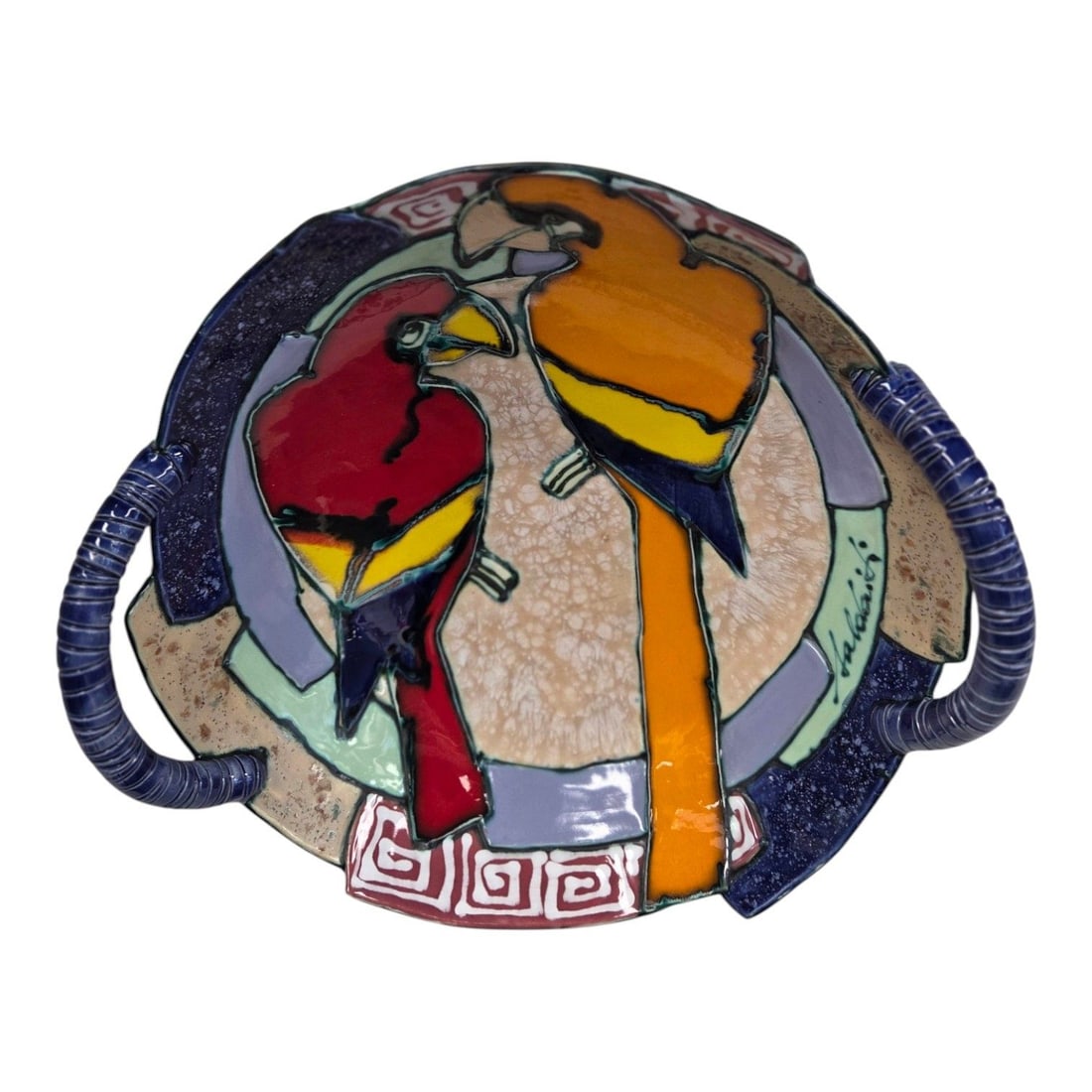 HAND PAINTED "PARROTS" CERAMIC BOWL W/ HANDLES BY RASA SALDAITIS: Hand painted and double handled ceramic platter Parrots by Lithuanian born artist Rasa Saldaitis. Rasa pieces are known for their thick, black outlined motifs, heavy glazes, and vibrant colors. Can be
