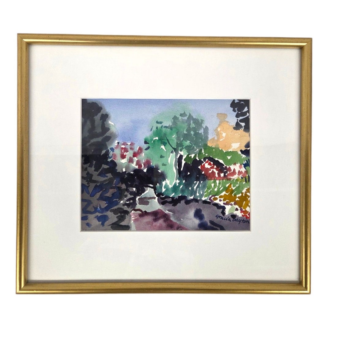 WATERCOLOR ABSTRACT LANDSCAPE BY GRACIA DAYTON: Colorful abstract watercolor painting of landscape scene on paper by Gracia Dayon. Site size 8.5 H x 9.5 W. Outside size 15 H x 16 W. Single rag mat under glass with .5 gold tone frame. Watercolor