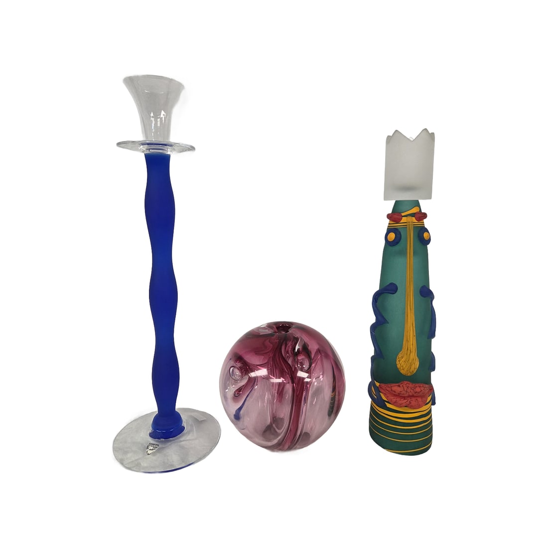3 PC ART GLASS GROUPING: Three piece Art Glass grouping consisting of: a vintage Glasstudio Borowski Maske whimsical elongated frosted glass face candle holder. Created with distinct multi- colored applied components includin