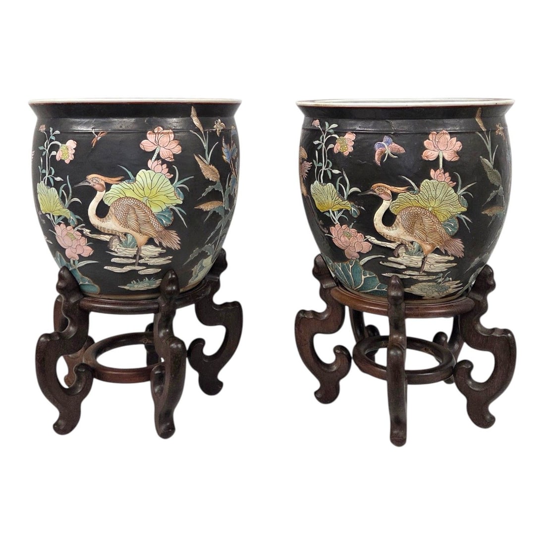 PR OF CHINESE PORCELAIN FISH BOWL PLANTERS w/ STANDS (1 of 9)