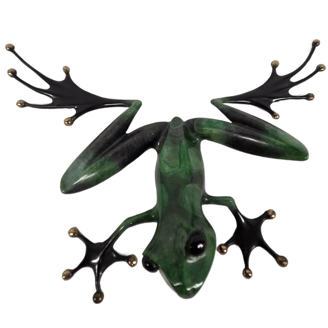 ENAMELED BRONZE "FROGMAN" BY TIM COTTERILL: This striking piece is a limited edition 356/5000 Frogman bronze by Tim Cotterill. A solid lost-wax bronze coated in a vibrant, highly polished green and black marbled enamel patina and with