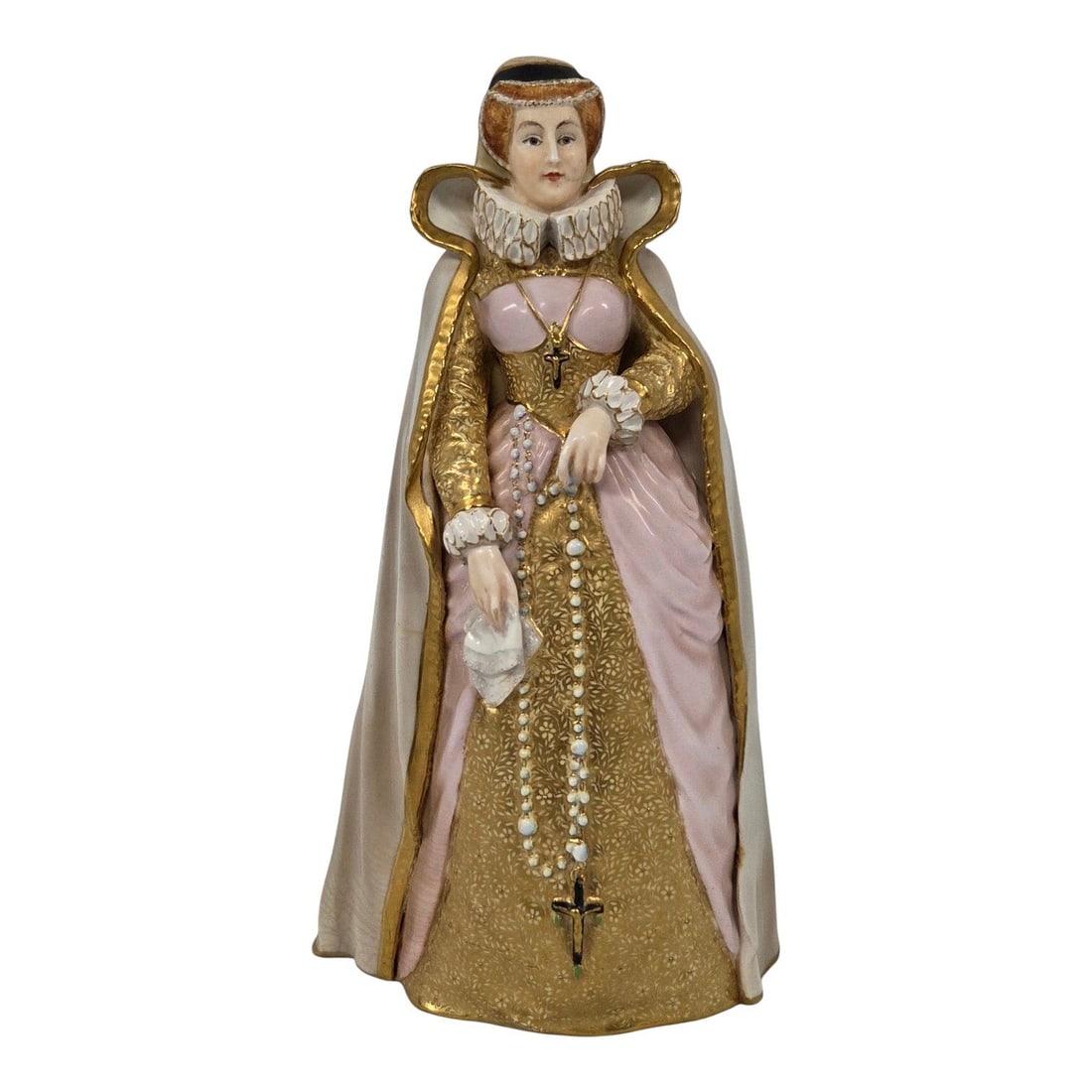 ROYAL WORCESTER MARY QUEEN OF SCOTS: Circa 1900 signed Royal Worcester figurine of Mary Queen of Scots depicting Mary in a period dress and robe. Condition is good with some crazing and discoloration on interior of skirt which does not