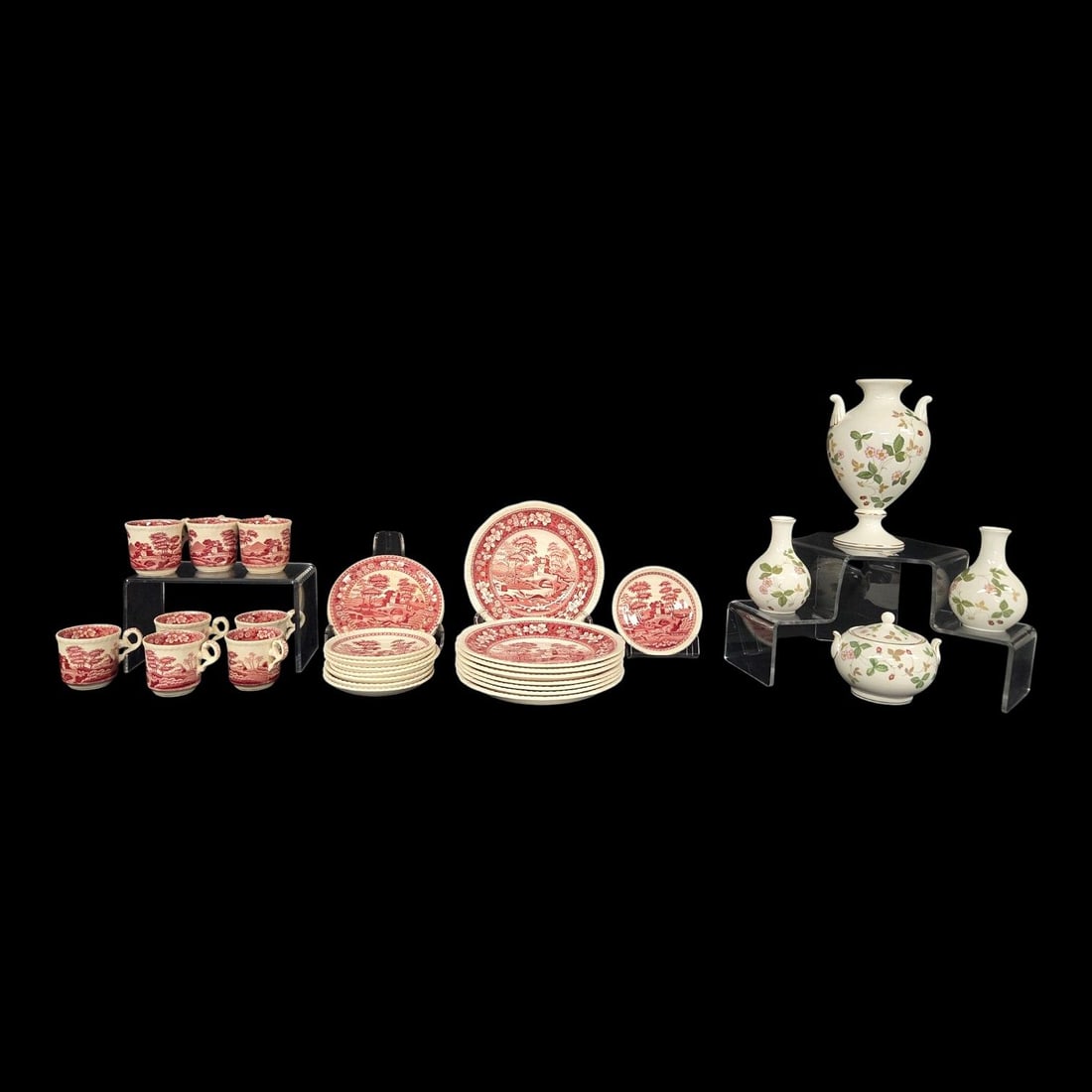 LOT OF COPELAND SPODE DISHES, TEACUPS & WEDGEWOOD IN "WILD STRAWBERRY": This lot consists of vintage Copeland Spode dinnerware including: Eight small teacups (or expresso) and saucers measuring 2.75 H x 3 W with handle, and saucers measuring 4.75 W. Eight salad (or bread 
