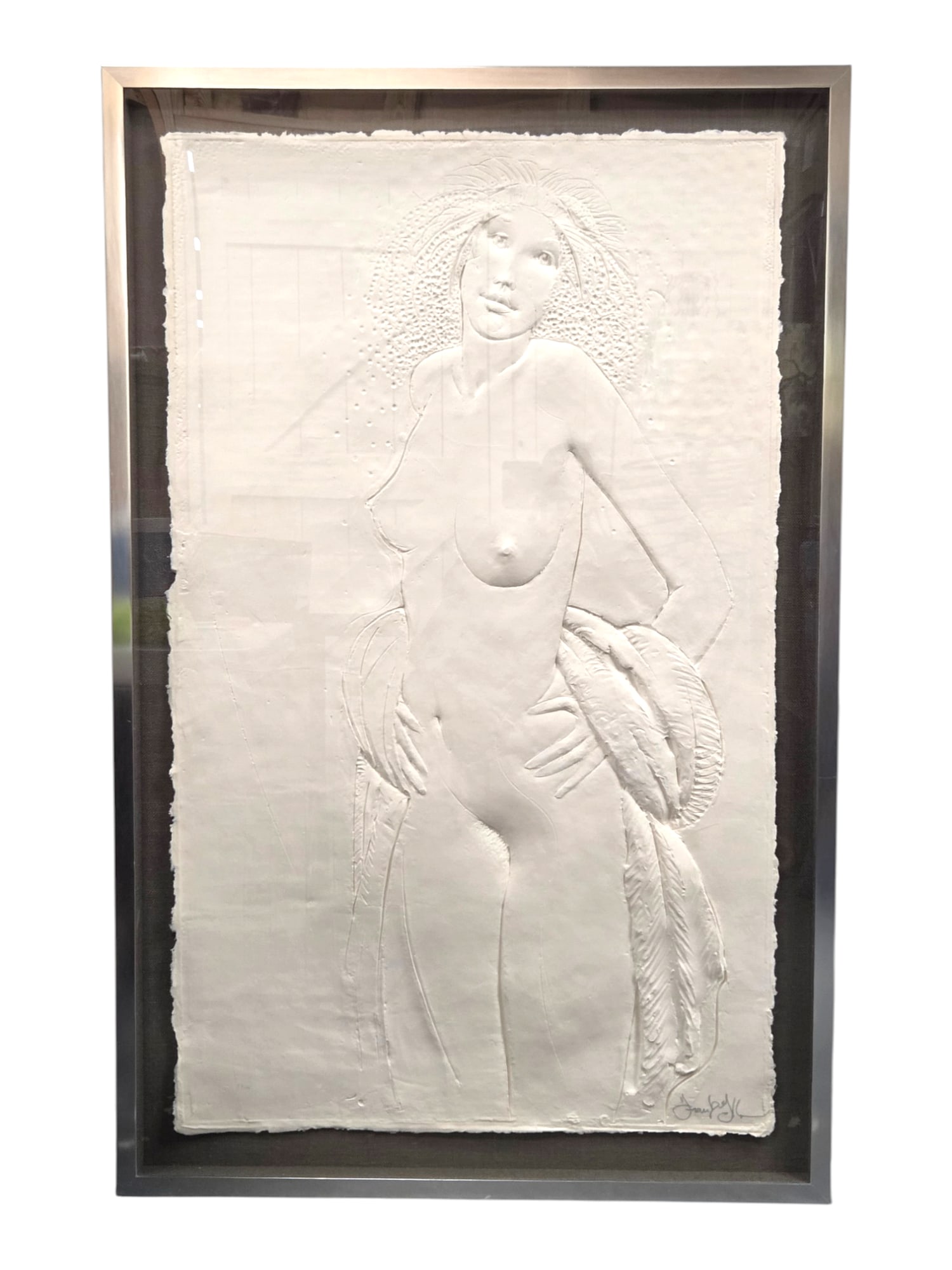 "THE DANCER" CAST PAPER SCULPTURE BY FRANK GALLO: The Dancer cast paper sculpture by Frank Gallo. Created 1978. Signed lower right. Image size 55 H x 33 W. Outside size 62 H x 40 W. Floated on fabric under plexi glass with 1.25 silver tone