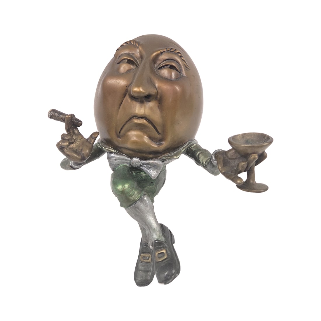 "PICKLED EGG" BRONZE SCUPTURE BY KIMBER FIEBIGER: From the limited edition Humpty Dumpty series- This whimsical bronze sculpture Pickled Egg 36/100 was created by sculptor Kimber Fiebiger. A sophisticated, slightly somber egg, sporting a bow tie and