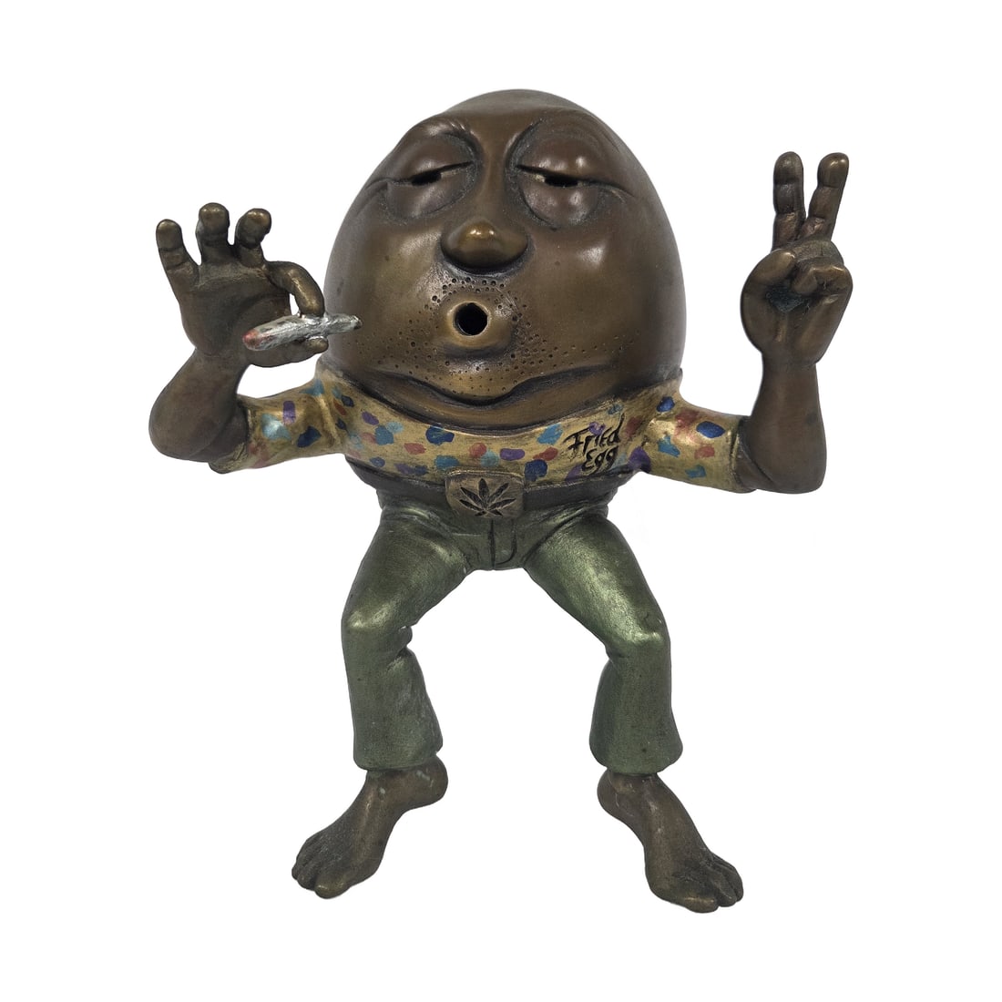 "FRIED EGG" BRONZE SCULPTURE BY KIMBER FIEBIGER: From the limited edition Humpty Dumpty series- This whimsical bronze sculpture Fried Egg 06/100 was created by sculptor Kimber Fiebiger. A rebellious, misbehaving character sculpted with an open