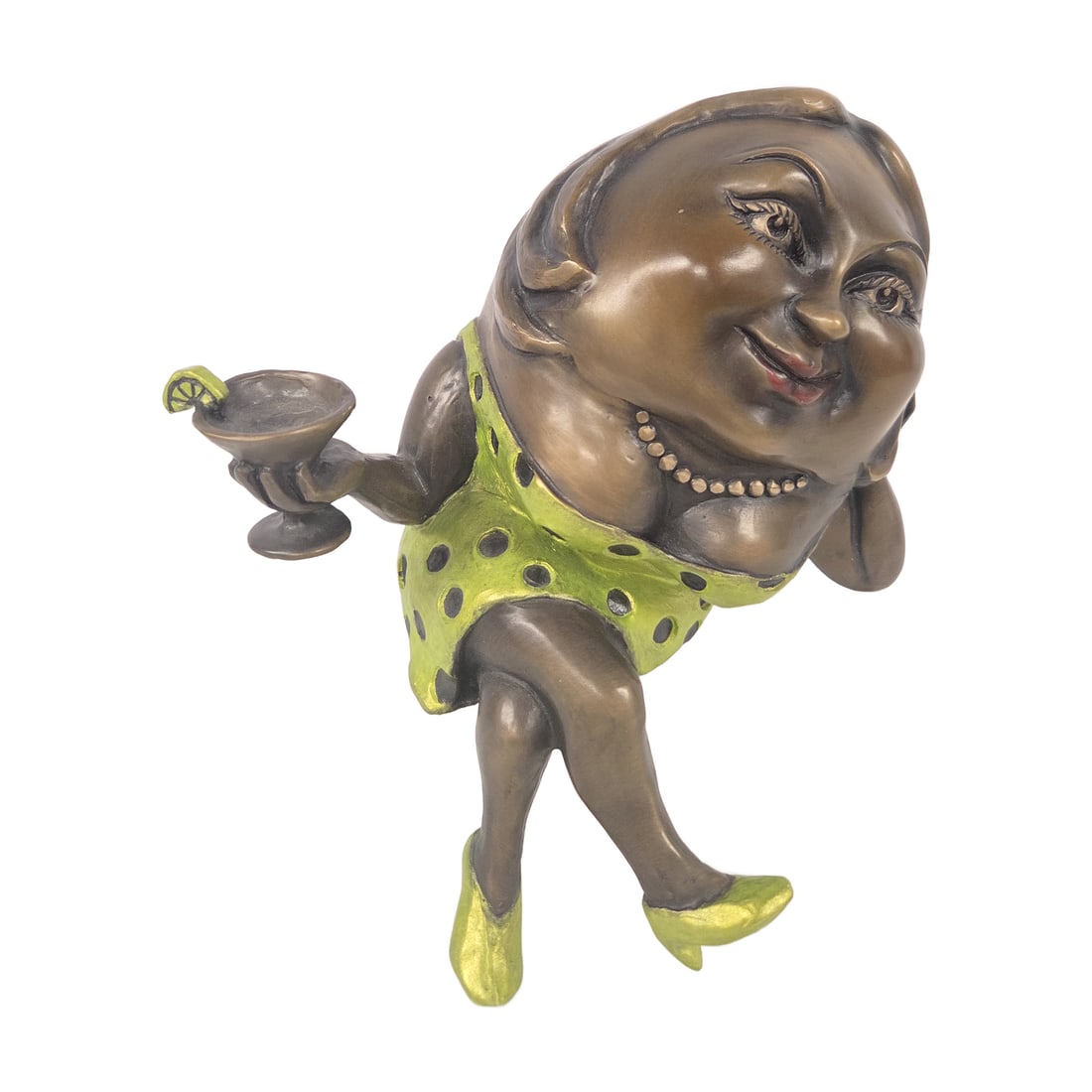 "OVER EASY EGG" BRONZE SCULPTURE BY KIMBER FIEBIGER: From the limited edition Humpty Dumpty series- this whimsical bronze Over Easy 39/100 was created by sculptor Kimber Fiebiger. A female egg character wearing a bright hand painted lime green polka