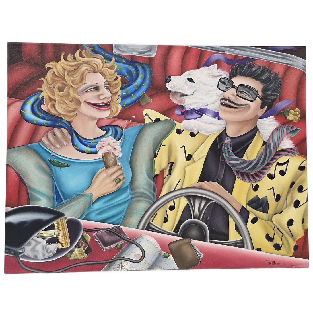 "BACK ROADS" OIL PAINTING BY JOYCE PAUL: Back Roads oil painting on canvas by Joyce Paul. This painting depicts a joyful, whimsical road trip. Utilizing vibrant colors, bold outlines, and captures a lighthearted, carefree slice of life! Meas