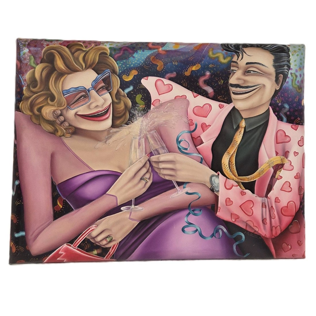 "CELEBRATION TIME, COME ON" OIL PAINTING BY JOYCE PAUL: Painting by Joyce Paul titled Celebration Time, Come On 1993 Oil on canvas and measures 30 H x 40 W. This painting depicts a high energy party or celebration captured in a vivid illustrative style