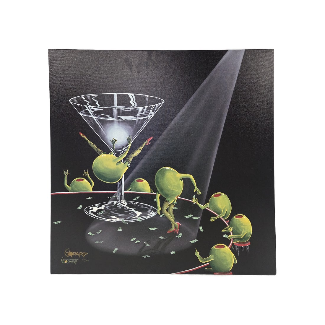 "DIRTY MARTINI 2 EVEN DIRTIER" l..E. GICLEE BY MICHAEL GODARD: Dirty Martini 2 Even Dirtier Limited Edition 125/300 Giclee on canvas by Michael Godard. Produced July 7th, 2003. Godard is famous for his whimsical Vegas inspired pop art featuring martini olives.