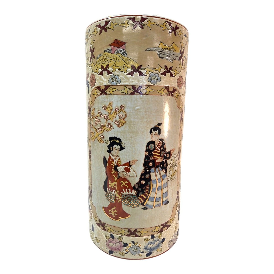 SATSUMA UMBRELLA STAND: Japanese hand-painted Satsuma umbrella stand or large vase featuring a man and woman in traditional attire with a cream-colored background and floral design. Stamped on bottom. Measures 18.5 H x9