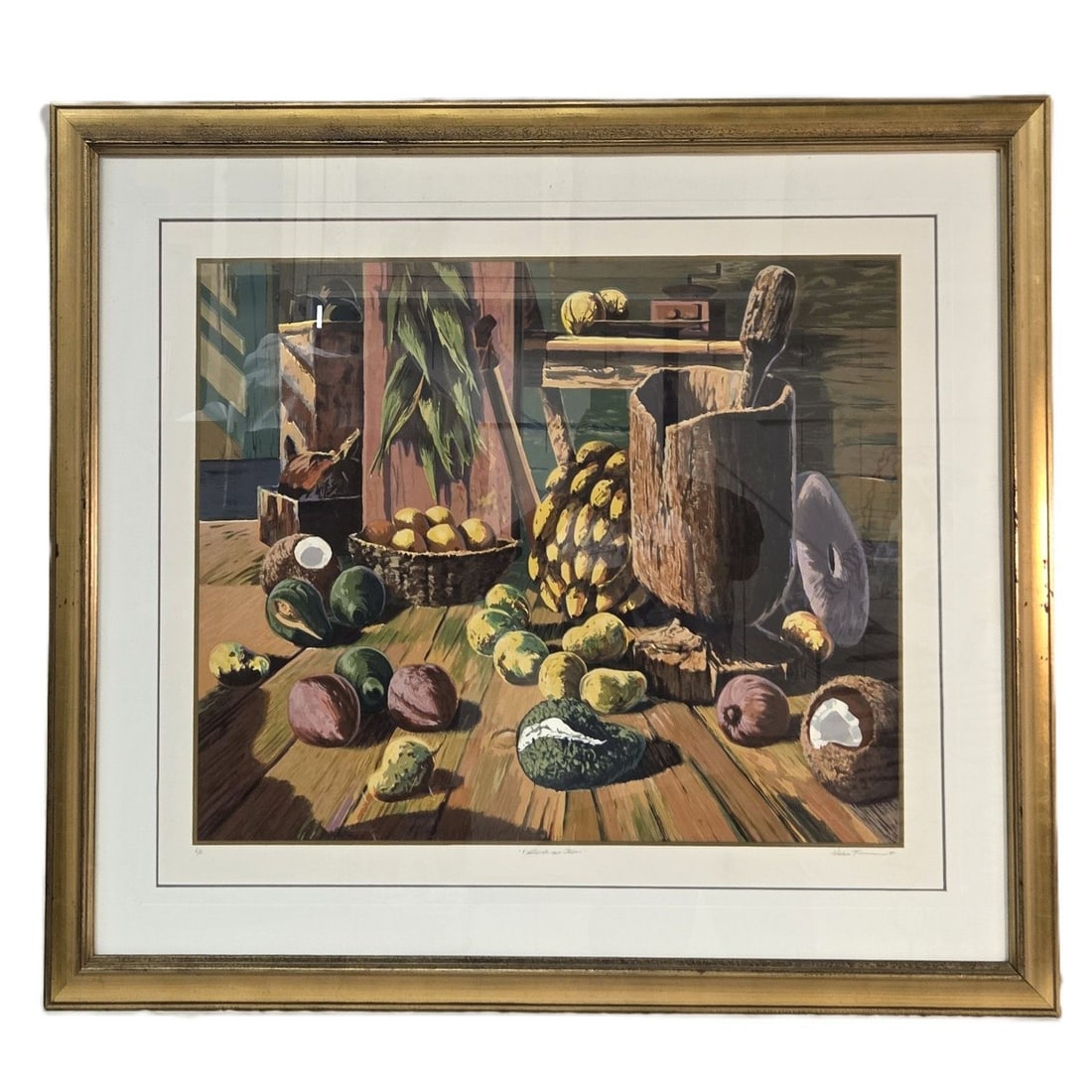 "FRUITS OF MY LAND" L.E. PRINT BY WICHIE TORRES: Fruits of my Land Limited Edition lithograph print on paper by Wichie Torres (Puerto Rican, b.1952, d.2020) hand signed AP. Image size 23 H x 30 W. Outside size 36 H x 42.5 W. Double rag mat under gla