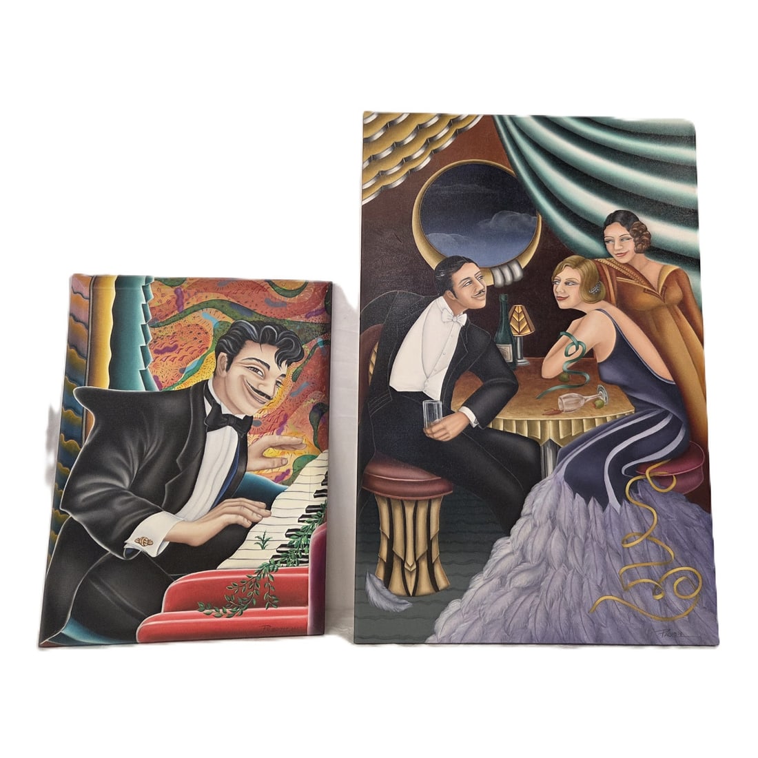TWO OIL PAINTINGS ON CANVAS BY JOYCE PAUL: Lot consists of two oil paintings by Joyce Paul. One titled Everyone Loves a Sharp Dressed Man, 2016 depicting two women sitting at a table with a gentleman, likely on a cruise ship or luxury lounge.