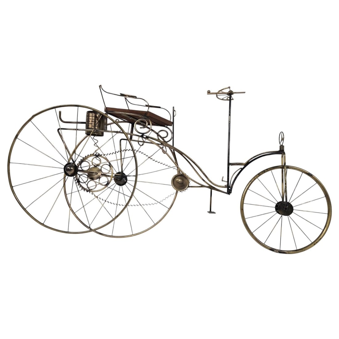 1886 MOTORWAGEN WALL SCULPTURE BY CURTIS JERE: Vintage mid-century modern wall sculpture by Curtis Jere. Modeled after the 1886 Benz Patent- Motorwagen. Created in 1986 to commemorate the 100th anniversary of Karl Benz invention. Made from mixed m