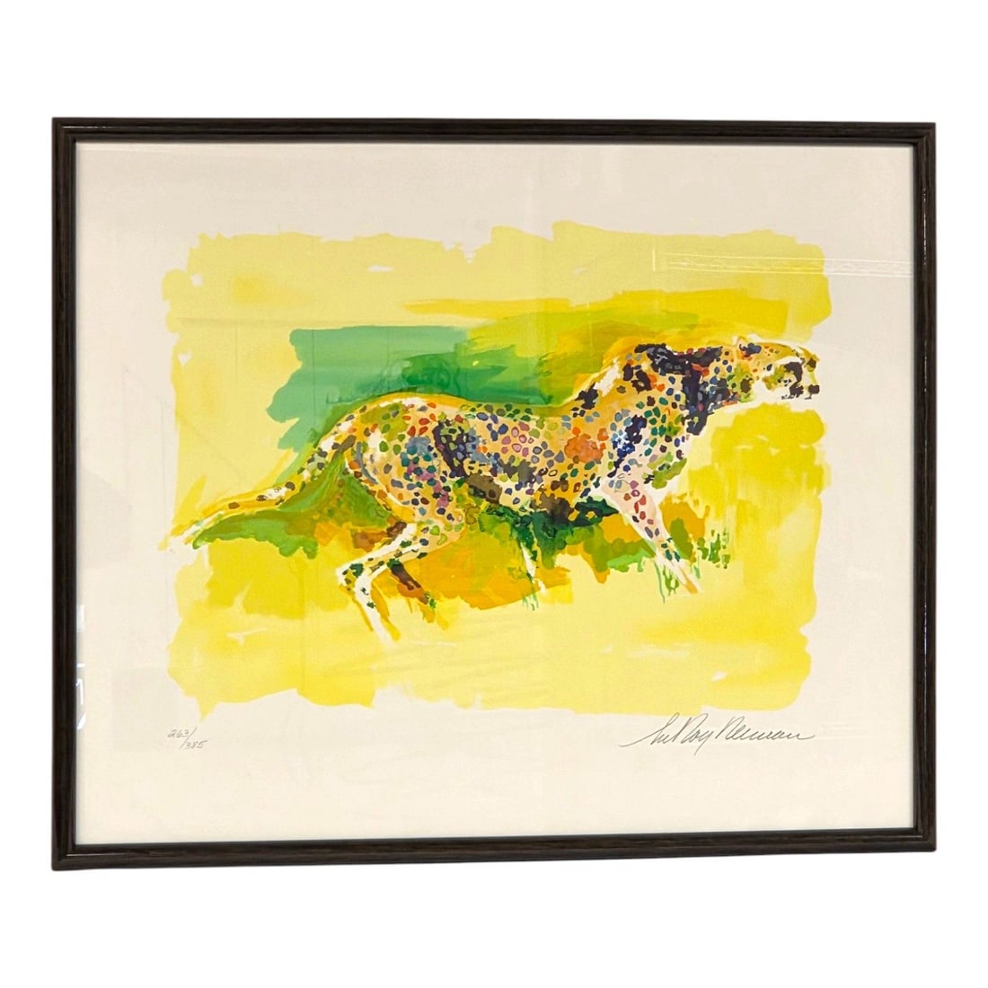 "CHEETAH" L.E. SERIGRAPH PRINT BY LEROY NEIMAN: Cheetah Limited Edition 263/385 Serigraph print by Leroy Neiman. From the Safari Suite Series published in 1997. Signed lower right. Image size 16 H x 22 W. Outside size 25.5 H x 29 W. Under glass wit