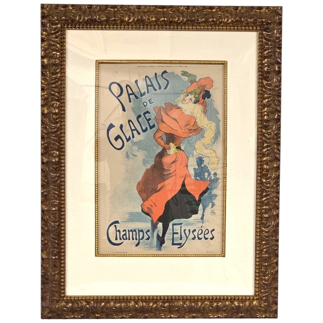 VINTAGE "PALAIS DE GLACE" LITHOGRAPH BY JULES CHERET: Vintage Palais de Glance Lithograph poster print by French Artist Jules Cheret (1836-1932). This Lithograph advertises an Ice skating rink located on the Champs-Elysees in Paris. Image size 20 H x 12.