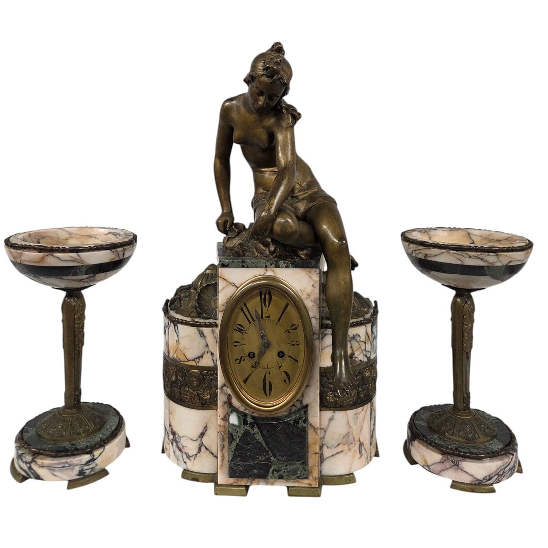 BRONZE & MARBLE ART NOUVEAU MANTEL CLOCK W/ GARNITURES (1 of 18)