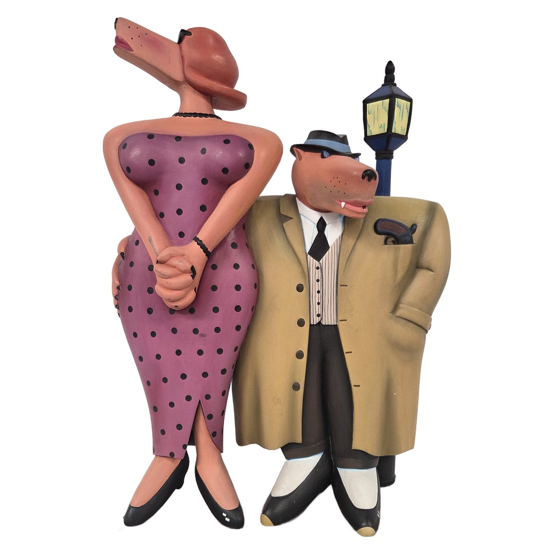 "THE GUMSHOE & THE DAME" WOOD SCULPTURE BY MARKUS PIERSON: Vintage limited edition 189/350 hand painted wood and resin sculpture titled The Gumshoe and the Dame by American artist Markus Pierson. Originally created and released in 1989, it features a stylized