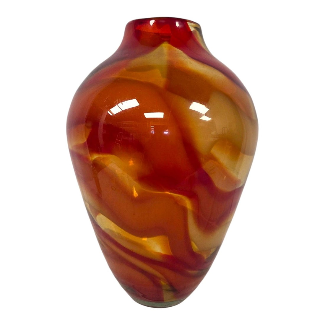 CONTEMPORARY STUDIO ART GLASS RED, ORANGE & CREAM SWIRlED VASE: Contemporary Studio Art Glass Vase. Features fluid asymmetrical swirls of fiery crimson red and tangerine orange, layered over an opaque creamy yellow background. Could be attributed to Waterford Evol