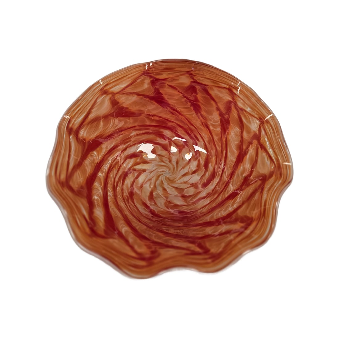 ORANGE & RED SWIRLED STUDIO ART GLASS BOWL: Hand-blown Studio Art Glass Ruffled Bowl. It features a vibrant, multi tonal swirled stripe pattern blending fiery orange, deep red, and streaks of opaque white. The bowl shows a dramatic wavy ruffled