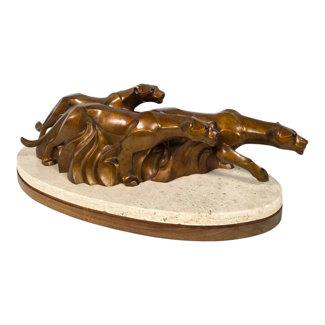 "THE HUNT" L.E BRONZE BY JANET ROSETTA: The Hunt Limited Edition 10/24 bronze sculpture by Janet Rosetta (American, b.1945). Depicts three prowling lionesses. Signed, dated 2001 and mounted on stone and wood base. Measures 8 H x 26 W x 12
