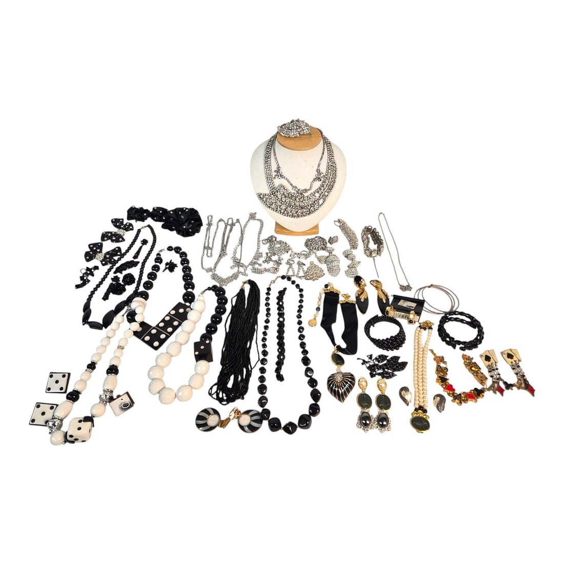 LARGE ASST.OF COSTUME JEWELRY-RHINESTONES ETC: A large collection of costume jewelry consisting of rhinestone necklaces,and brooches, beaded necklaces and bracelets, sterling rhinestone necklace with matching bracelet, and theme pieces with dice a