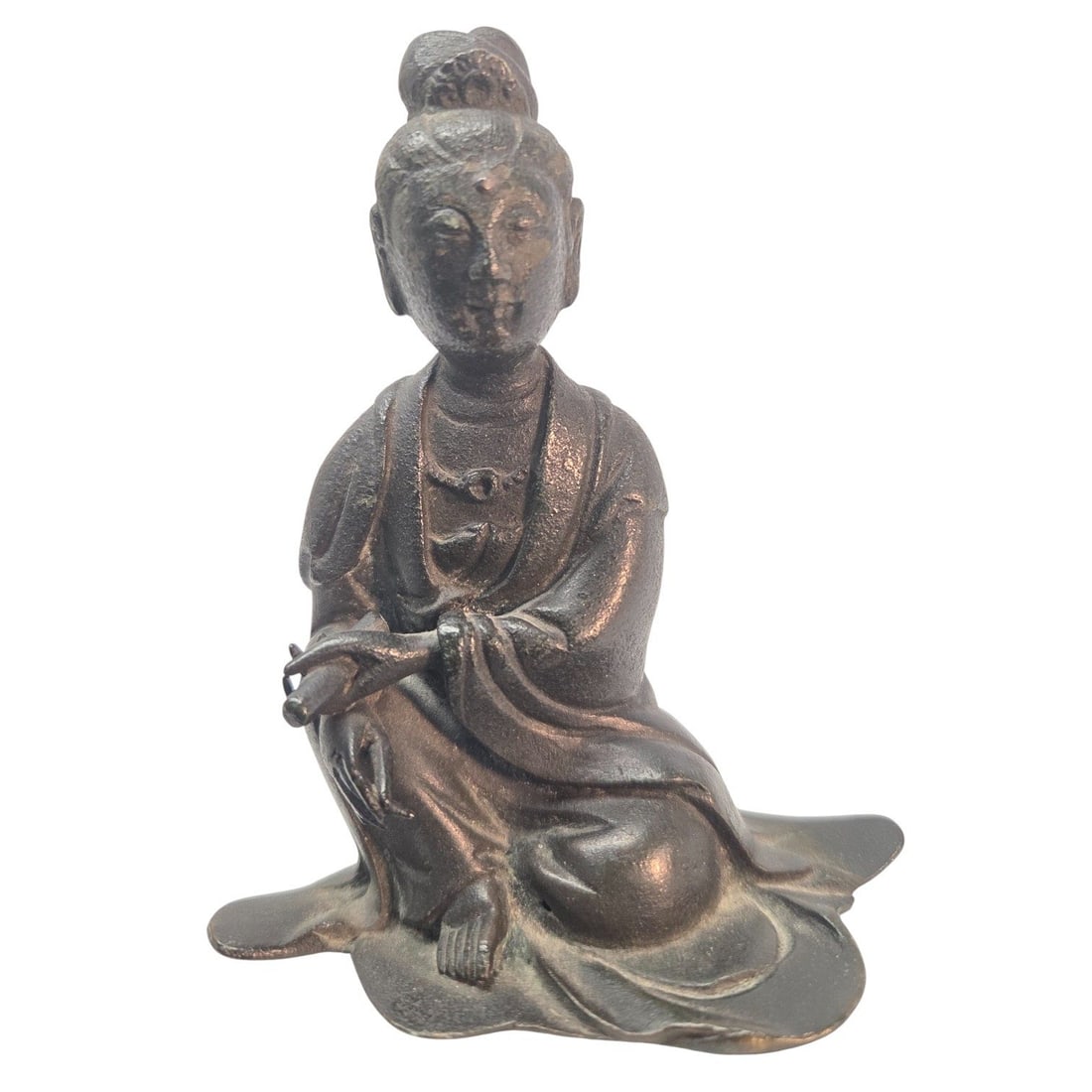 SMALL BRONZE SEATED GUANYIN FIGURE: A weighted small bronze Guanyin seated figure. Dark brown/black patina, rough poured white metal weighting material visible at open base. No apparent maker marks. See images. 4.25 T x 3.25 W x 2 D.