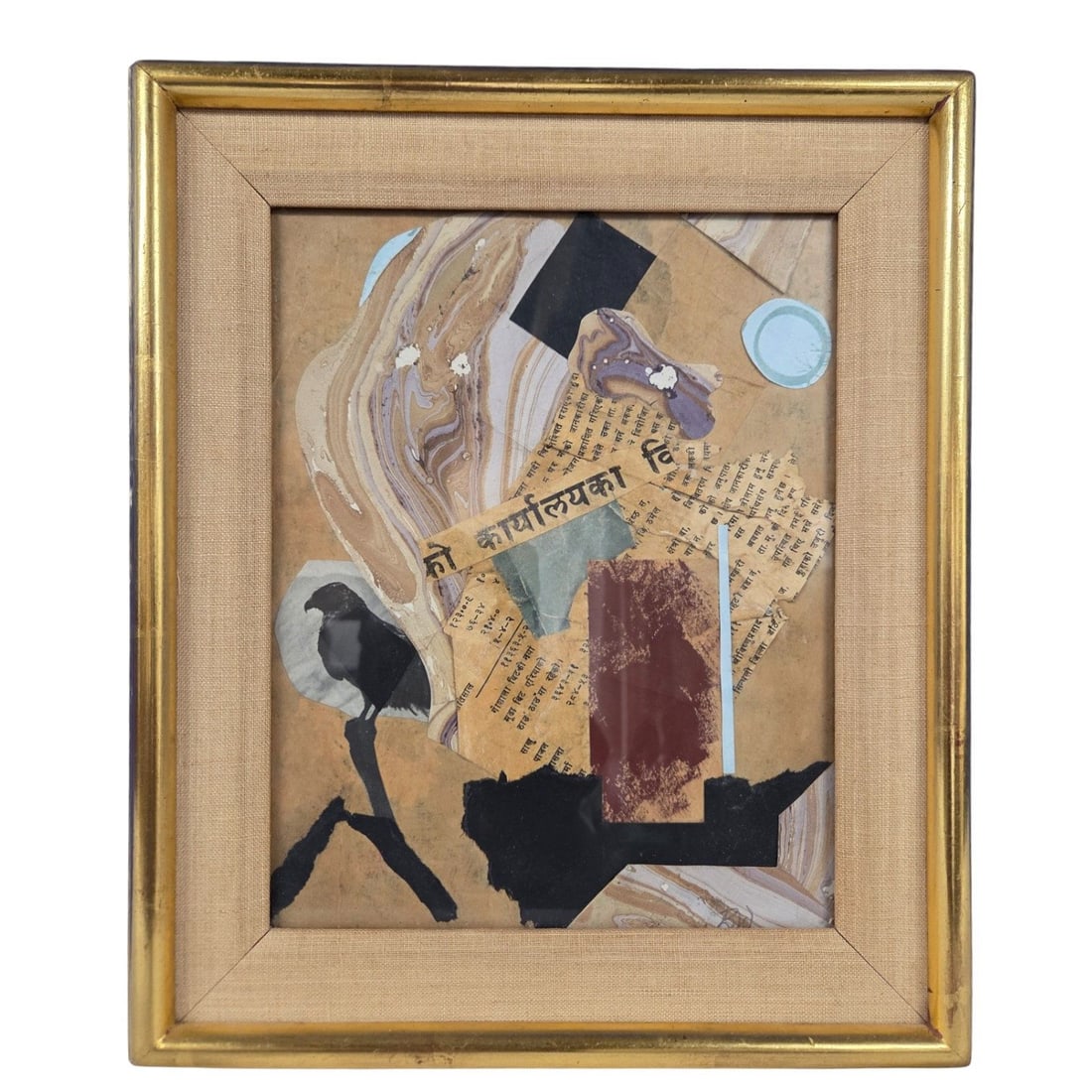 MIXED MEDIUM COLLAGE BY ARTIST BW: This artwork is an original multi-layered mixed medium abstract collage featuring cut-and-pasted paper fragments, Hindi script, other textured elements, and a stark black silhouette of a bird. Artist