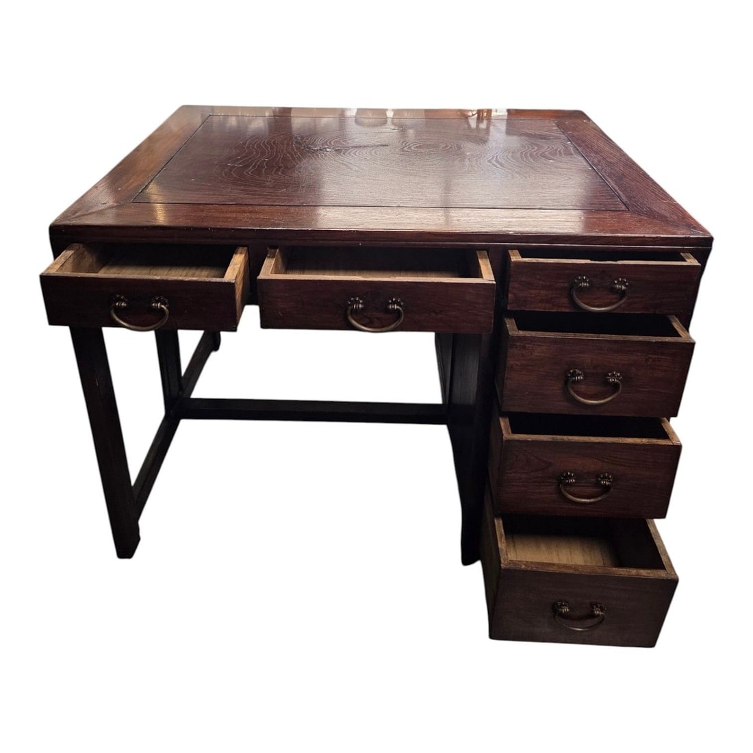 MING STYLE DESK WITH BRASS HARDWARE: Ming style elm desk with brass hardware containing 3 side drawers and 3 top drawers. All drawers have a smooth open/close. Good condition but for some minor surface wear, Measurements: 30 H x 41.5 W
