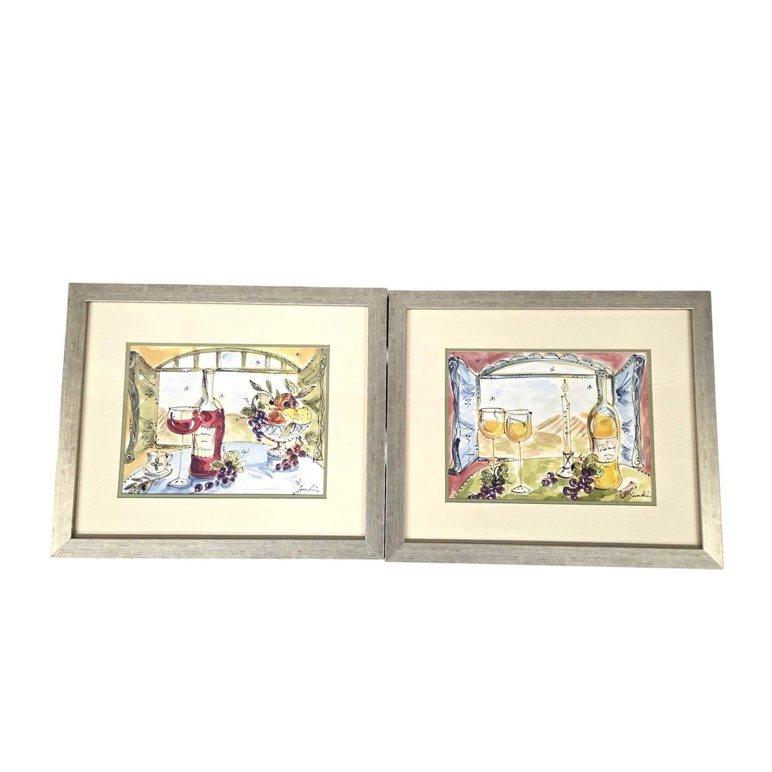 PAIR OF STILL LIFE WATERCOLOR & INK PRINTS ON PAPER BY JEN LUBIN: Matching pair of culinary themed watercolor and ink prints on paper by artist Jen Lublin. Each piece features red and white wine, filled glasses, decorative flowing grapes, other various fruits, and h