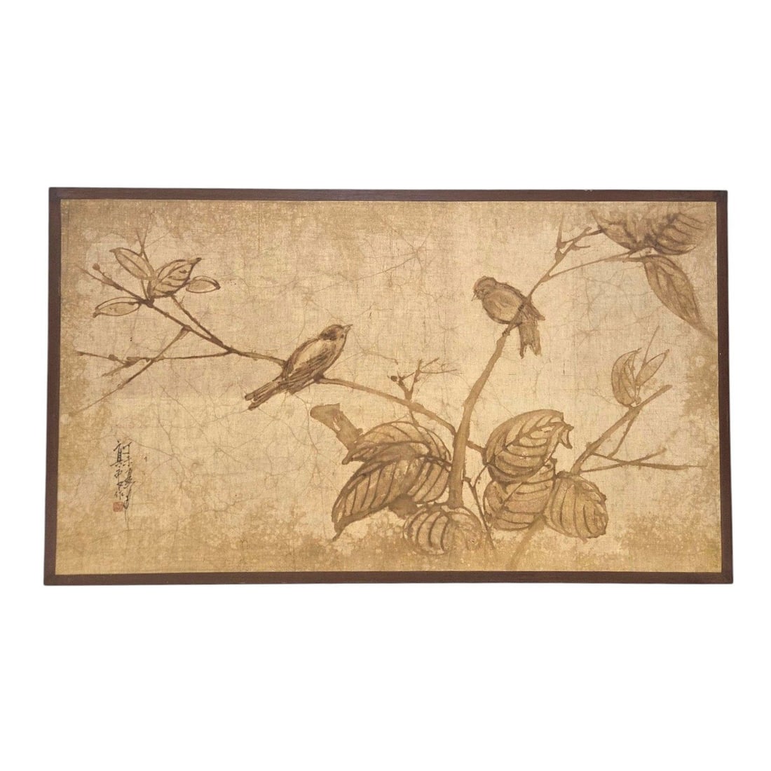 CHINESE BATIK CLOTH PAINTING FROM TAIWAN: Chinese batik cloth fabric painting of birds on branches from the Leland Art House in Taiwan. Paperwork on verso. Artist seal on bottom left. Site size 20 H x 36 W. Outside size 21.5 x 37 W. Fabric