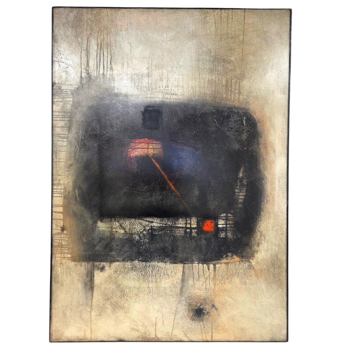 "TRANSITION SERIES" PAINTING BY DREW HARRIS: Transition Series #11 Abstract painting on canvas by Drew Harris. (Canadian, b.1960) This vertically oriented abstract piece features a large dark mass in the center of the canvas. This center shape