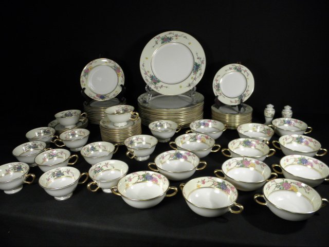 LENOX "MANDARIN" PORCELAIN DINNERWARE SERVICE: 78 PCS: Lenox "Mandarin" pattern porcelain partial dinnerware service for twelve. Includes (12) 6.2" wide (handle to handle) bouillon cups, (12) 4.75" wide (handle to rim) cups, (12) 5.65" wide saucers, (4) 6