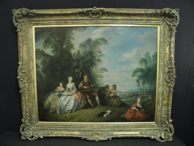 PAUL-ALBERT BESNARD OIL ON CANVAS PAINTING: FETE: Paul-Albert Besnard (French, 1849-1934) oil on canvas painting depicting a Victorian allegorical scene. Framed in a large antique finish frame. No signature visible on painting. Plaque at base of fram