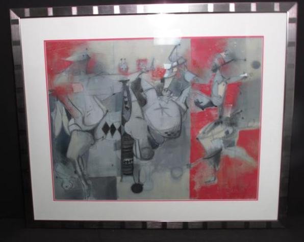 SLADE GRAVES MIXED MEDIA ABSTRACT INTERIOR W/ FIGURES: A mixed media (chalk, pastel, charcoal) drawing depicting an abstract interior scene with figures. Signed lower right. Framed and under glass. (Not examined out of frame.) Measures: 38.5" tall x 47" w