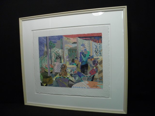 CONTEMPORARY ABSTRACT ACRYLIC ON PAPER PAINTING: CAFE: Contemporary abstract acrylic on paper painting. Signed with a stylized "Serrix" signature lower right; mounted, matted, and framed in an off white frame. Condition: good, very minor wear to edge of f