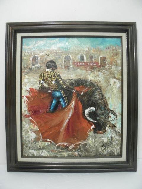 OIL ON CANVAS PAINTING OF A MATADOR SIGNED "J. LOPEZ": Oil on canvas painting of a Matador, signed "J. Lopez" lower left. Framed and matted in a dark wood frame. Condition: good, very minor wear to frame, see images. Measures 23.5" tall x 19.25" wide (sig