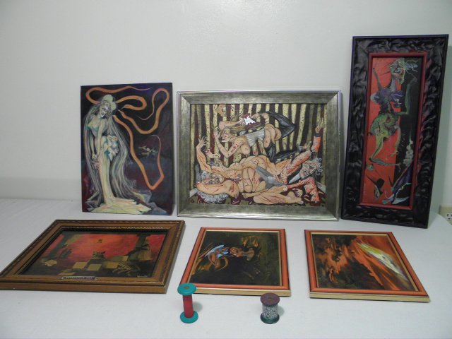 ASSORTED SONTINA REID MACABRE ACRYLIC PAINTINGS, ETC. 8: Lot of assorted Sontina Reid (Sontina Reid-Hall) surrealist acrylic paintings, etc. The first depicts three intertwined figures, and is framed in a wooden silver tone frame. Signed "Sontina Reid" in t