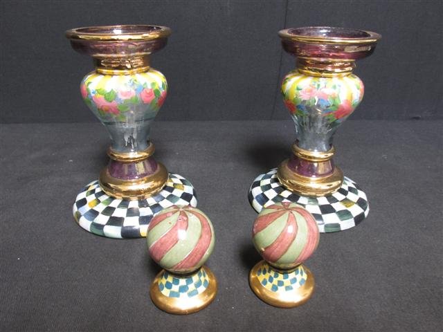 MACKENZIE CHILDS CANDLESTICKS & SHAKERS: Pair of MacKenzie Childs glass candlesticks and terra-cotta salt/pepper shakers. Candlesticks each measure 6.25" tall, and shakers measure 2.5" tall. Condition: generally good, see images. Total weigh