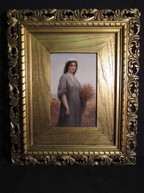 THALLMAIER BERLIN KPM HAND PAINTED PORCELAIN PLAQUE: Berlin KPM hand painted porcelain plaque by Franz Xaver Thallmaier. Possibly depicting the Jewish biblical figure "Ruth". Unexamined out of frame, image does not appear to be signed. Framed in a carve